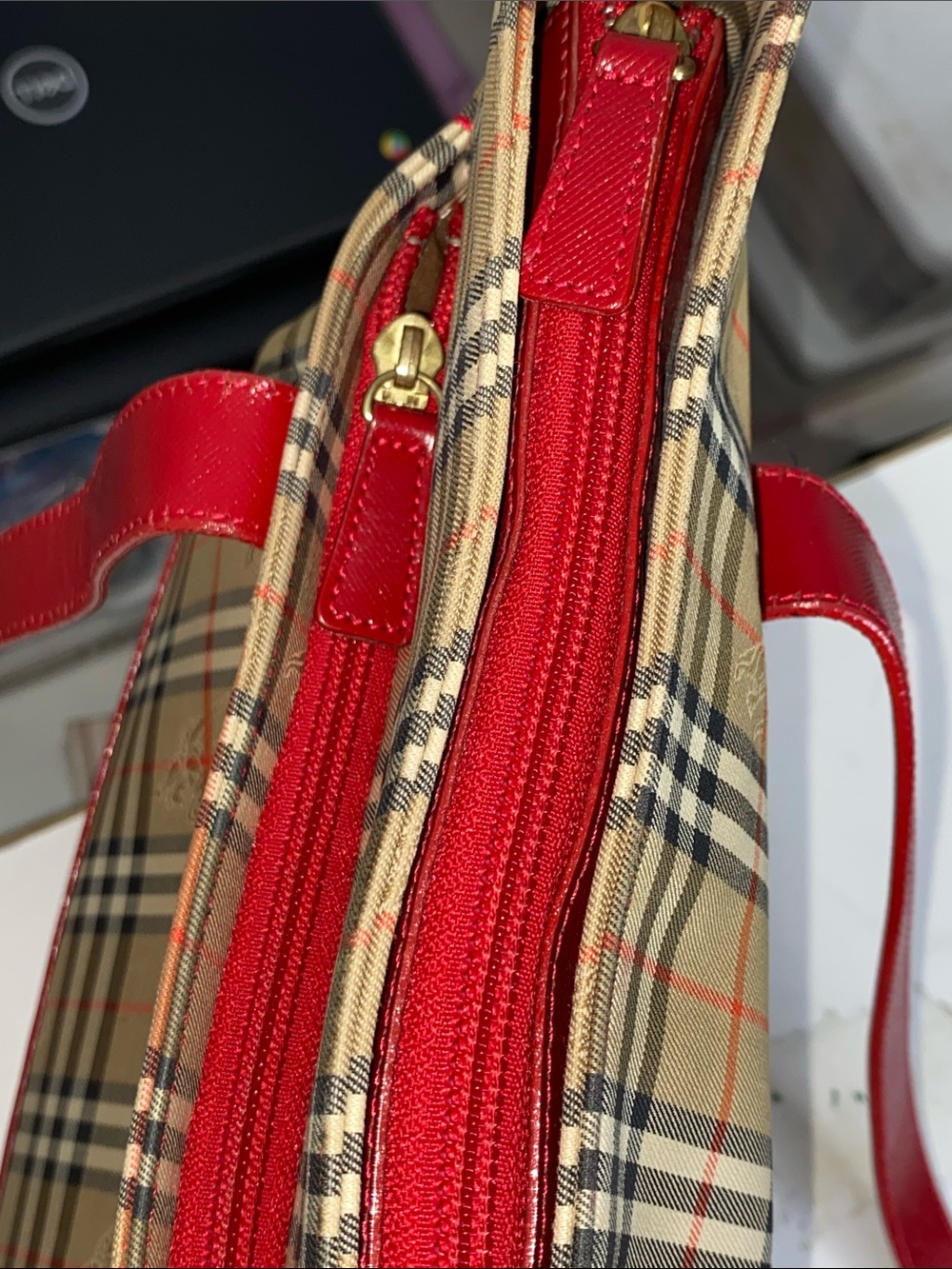 Burberry Nova Check Tote with Red Trim and Handles - Picture 15 of 16